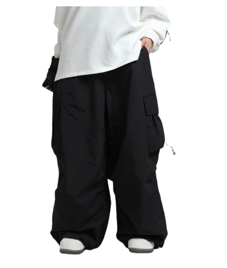 Black cargo pants worn with a white shirt on a white background